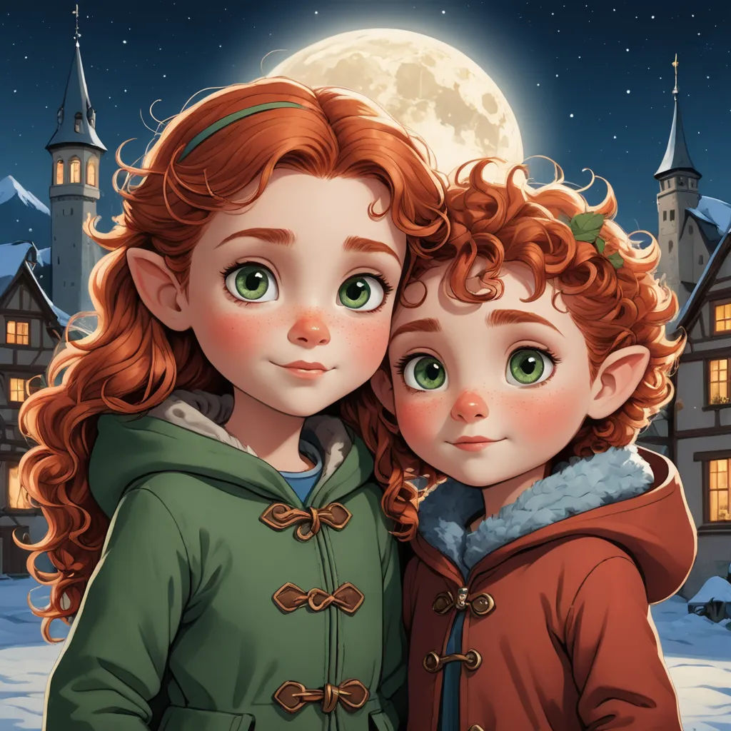 a couple of kids standing next to each other in front of a full moon and castle with a full moon, fantasy art, a storybook illustration, Caroline Lucy Scott, trending on art station