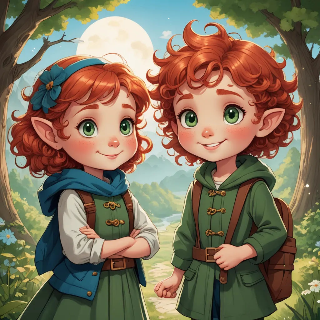 two red haired girls standing in the woods with their arms crossed and looking at each other with a full moon in the background, fantasy art, a storybook illustration, Chris Rallis, trending on art station
