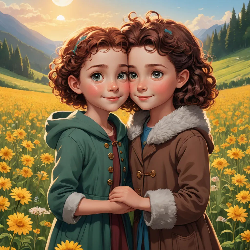 a painting of two girls standing in a field of sunflowers with mountains in the background and a sunflower field in the foreground, serial art, a detailed painting, Brothers Hildebrandt, trending on art station