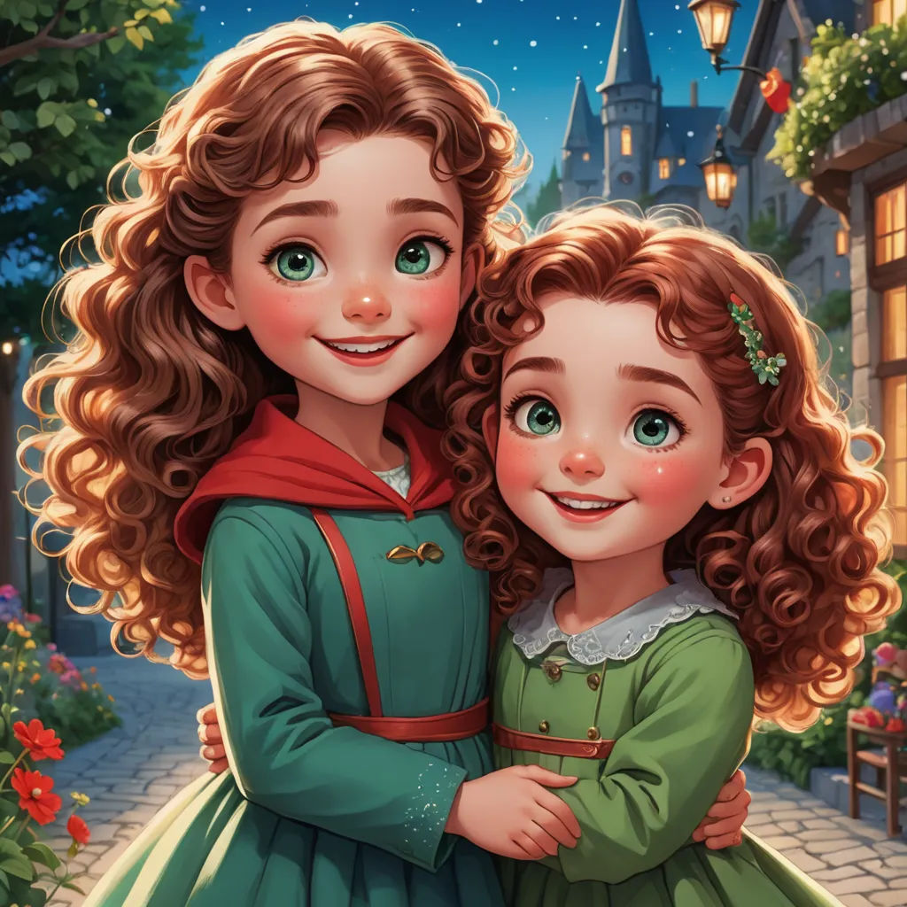 a couple of girls standing next to each other on a street at night with a castle in the background, naive art, a storybook illustration, Arthur Hughes, kinkade