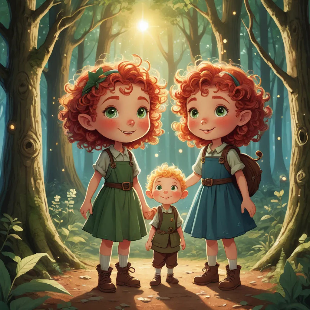 a painting of two children standing in the woods with a light shining on them and a forest scene behind them, magic realism, a storybook illustration, Caroline Lucy Scott, storybook illustration