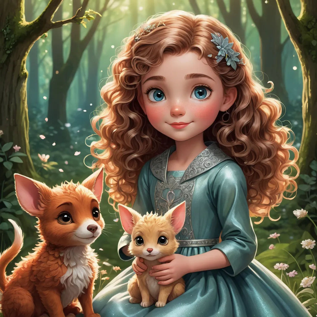 a girl in a blue dress holding a baby fox and a dog in a forest with flowers and trees, furry art, a storybook illustration, Clarice Beckett, kinkade