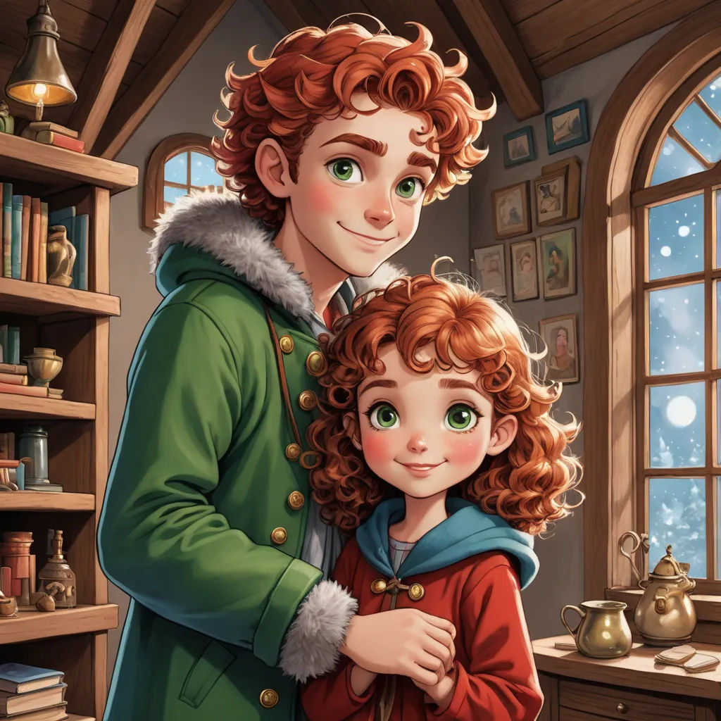 a man and a little girl are standing in a room with bookshelves and a window in the background, sots art, a storybook illustration, Anne Said, storybook illustration