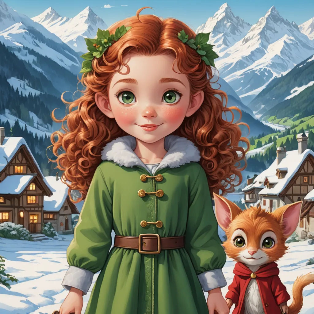 a painting of a girl and a cat in the snow with a mountain background and snow covered mountains in the background, naive art, a storybook illustration, Anne Said, kinkade
