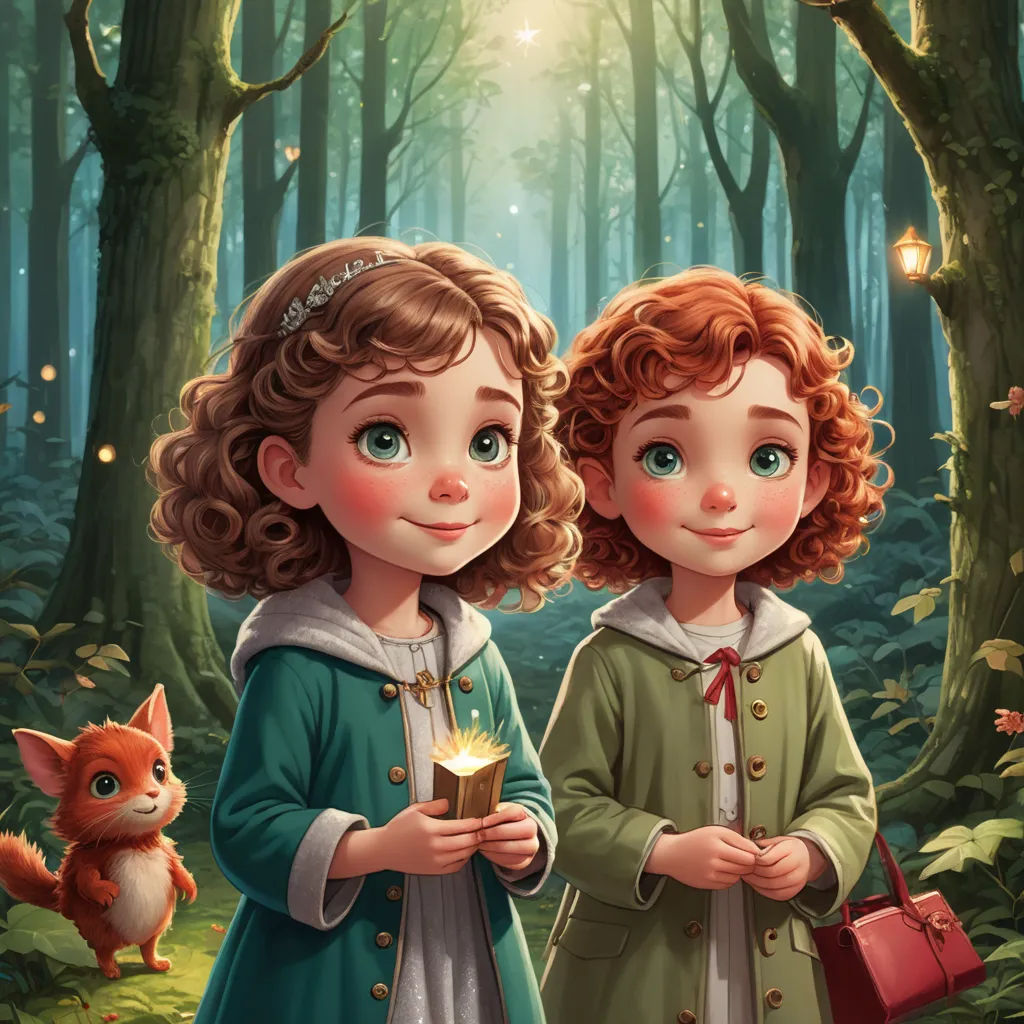 two little girls standing in the woods with a cat and a box of chocolates in their hands,, fantasy art, a storybook illustration, Anne Said, storybook illustration