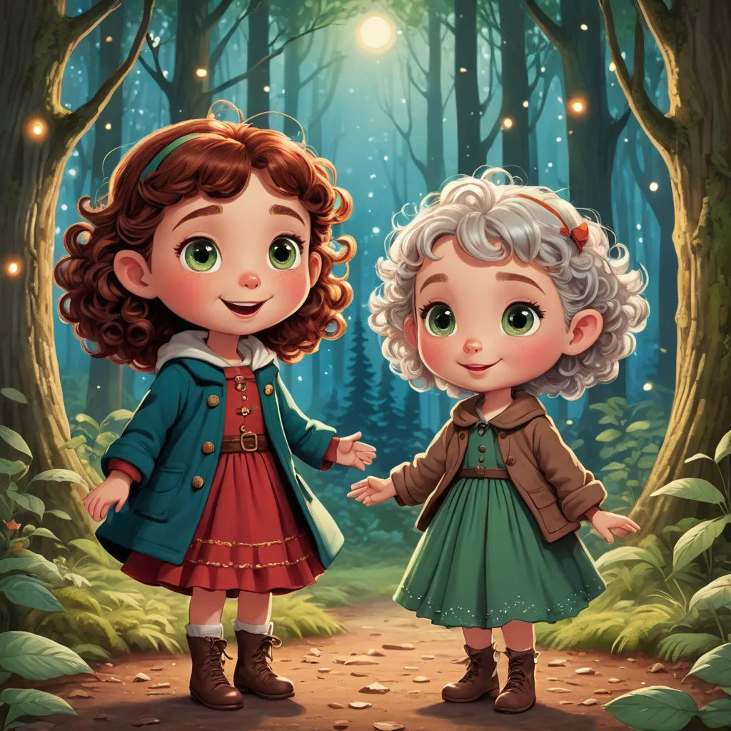 a couple of kids standing in the woods near a forest with lights on it and a forest background with leaves, fantasy art, a storybook illustration, Clarice Beckett, fireflies