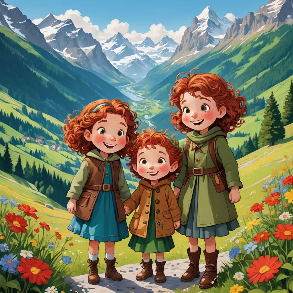 a painting of three children standing in a field with mountains in the background and flowers in the foreground, naive art, a storybook illustration, Brothers Hildebrandt, official art