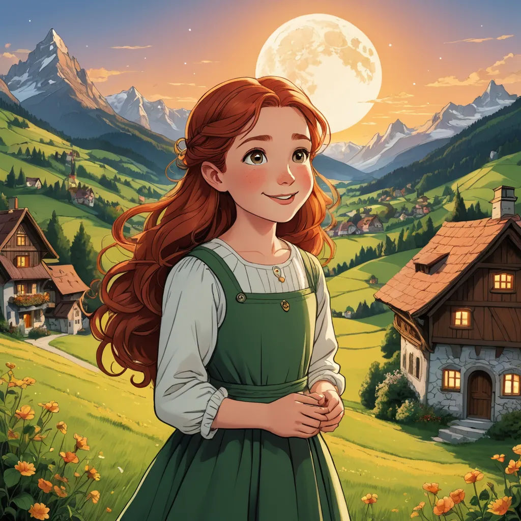 a girl in a green dress standing in front of a mountain village with a full moon in the sky, sots art, a storybook illustration, Anne Said, kinkade