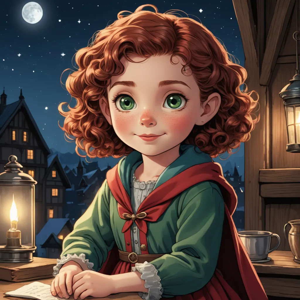 a little girl sitting at a table with a book in her hand and a lantern in the background with a full moon, fantasy art, a storybook illustration, Anne Said, trending on art station