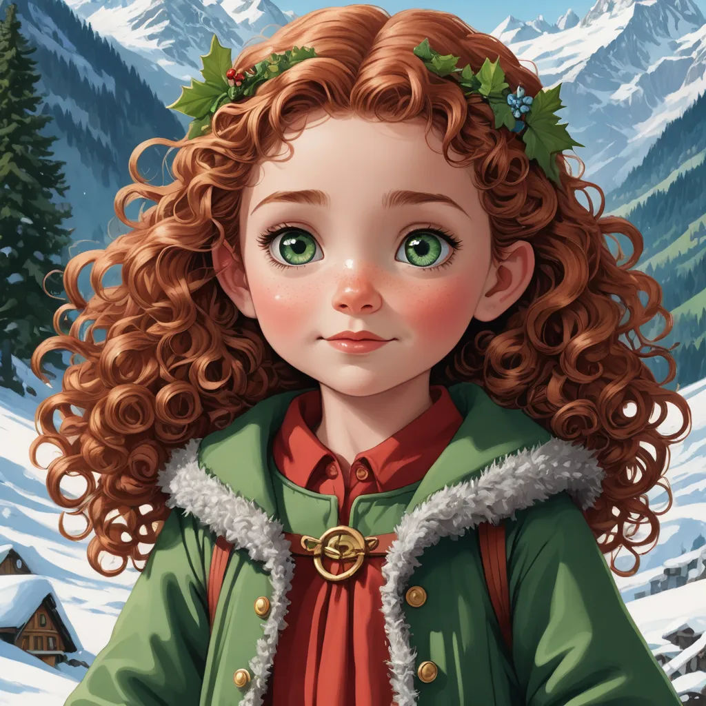 a painting of a girl with red hair and green eyes in a snowy landscape with mountains and trees in the background, fantasy art, a detailed painting, Clarice Beckett, trending on art station
