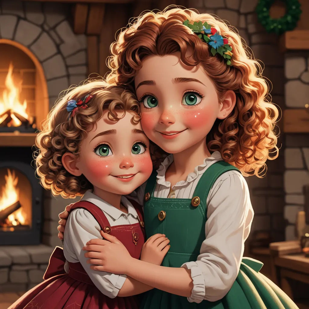 a painting of two children hugging each other in front of a fireplace with a christmas wreath on it's head, sots art, a storybook illustration, Anne Said, trending on art station