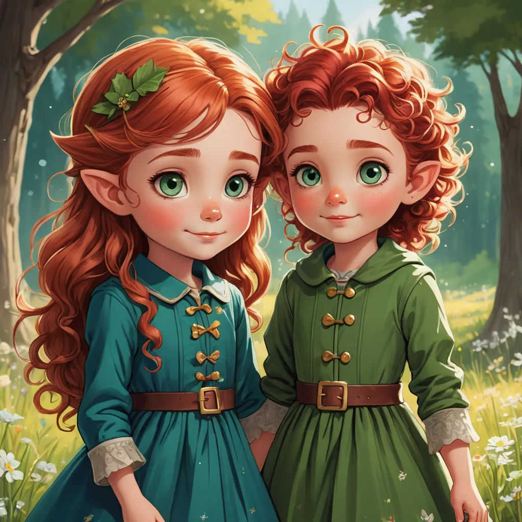 two red headed girls standing next to each other in a forest with flowers and trees in the background, one of them has long red hair and the other has green, fantasy art, a storybook illustration, Chris Rallis, trending on art station