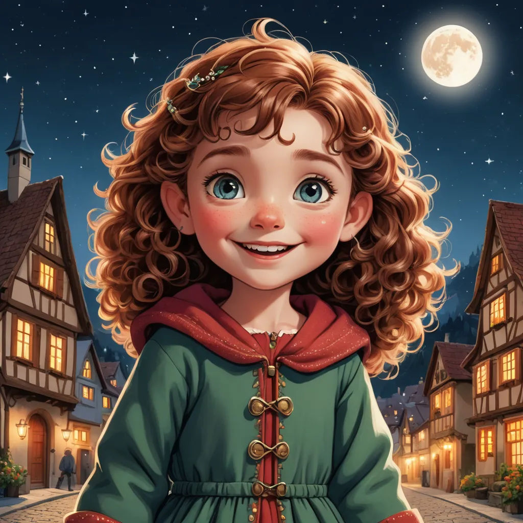 a cartoon girl with a red hair and a green dress is standing in front of a street with houses and a full moon, fantasy art, a storybook illustration, Cliff Childs, kinkade