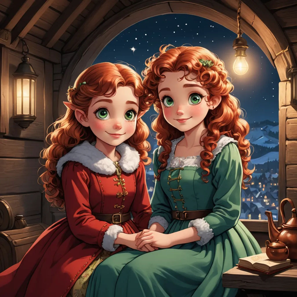 a couple of women sitting next to each other on a table in front of a window with a view of a town, fantasy art, a storybook illustration, Brothers Hildebrandt, official art