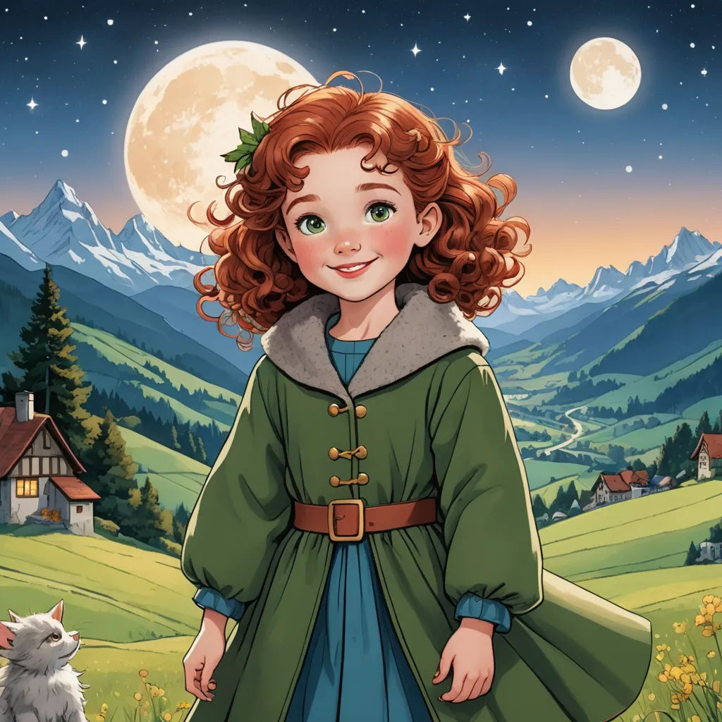 a little girl in a green dress standing next to a cat in a field with a full moon in the background, fantasy art, a storybook illustration, Anne Said, official art