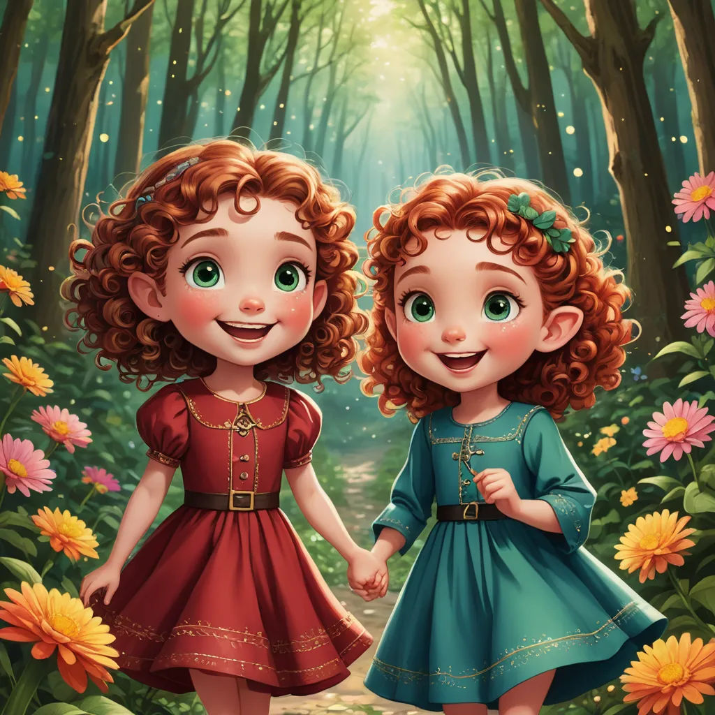two little girls walking through a forest holding hands and smiling at the camera with a forest background and sunbeams, fantasy art, a storybook illustration, Arthur Hughes, trending on art station