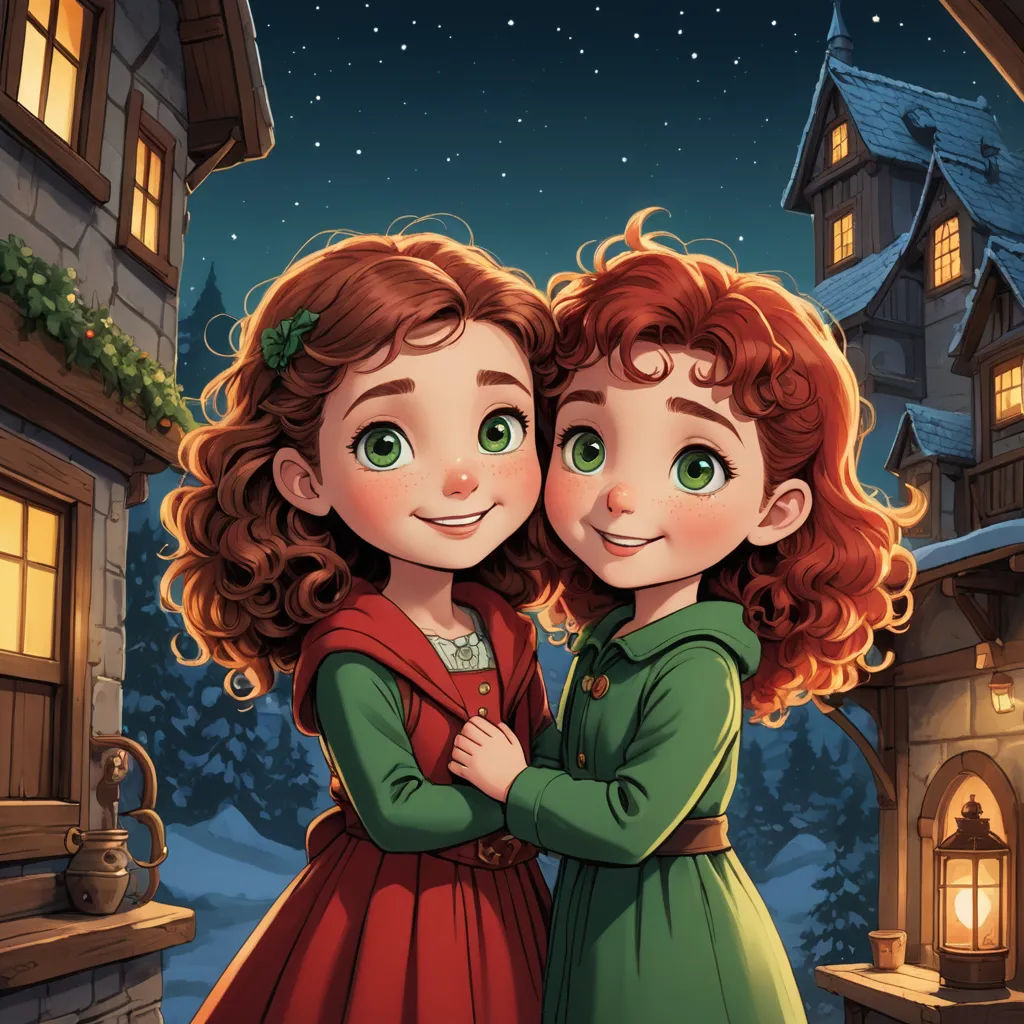 two girls hugging in front of a house at night with a full moon in the background and a snow covered hill in the foreground, lyco art, a storybook illustration, Arthur Hughes, trending on art station