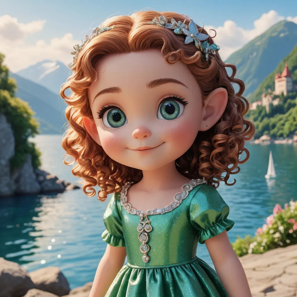 a cartoon girl with curly hair and a green dress standing in front of a lake with mountains and boats, photorealism, a storybook illustration, Clarice Beckett, rossdraws global illumination