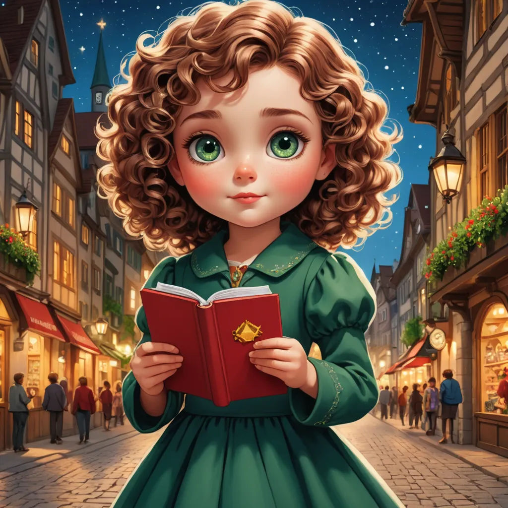 a little girl in a green dress is reading a book in a street at night with people walking by, fantasy art, a storybook illustration, Clarice Beckett, storybook illustration
