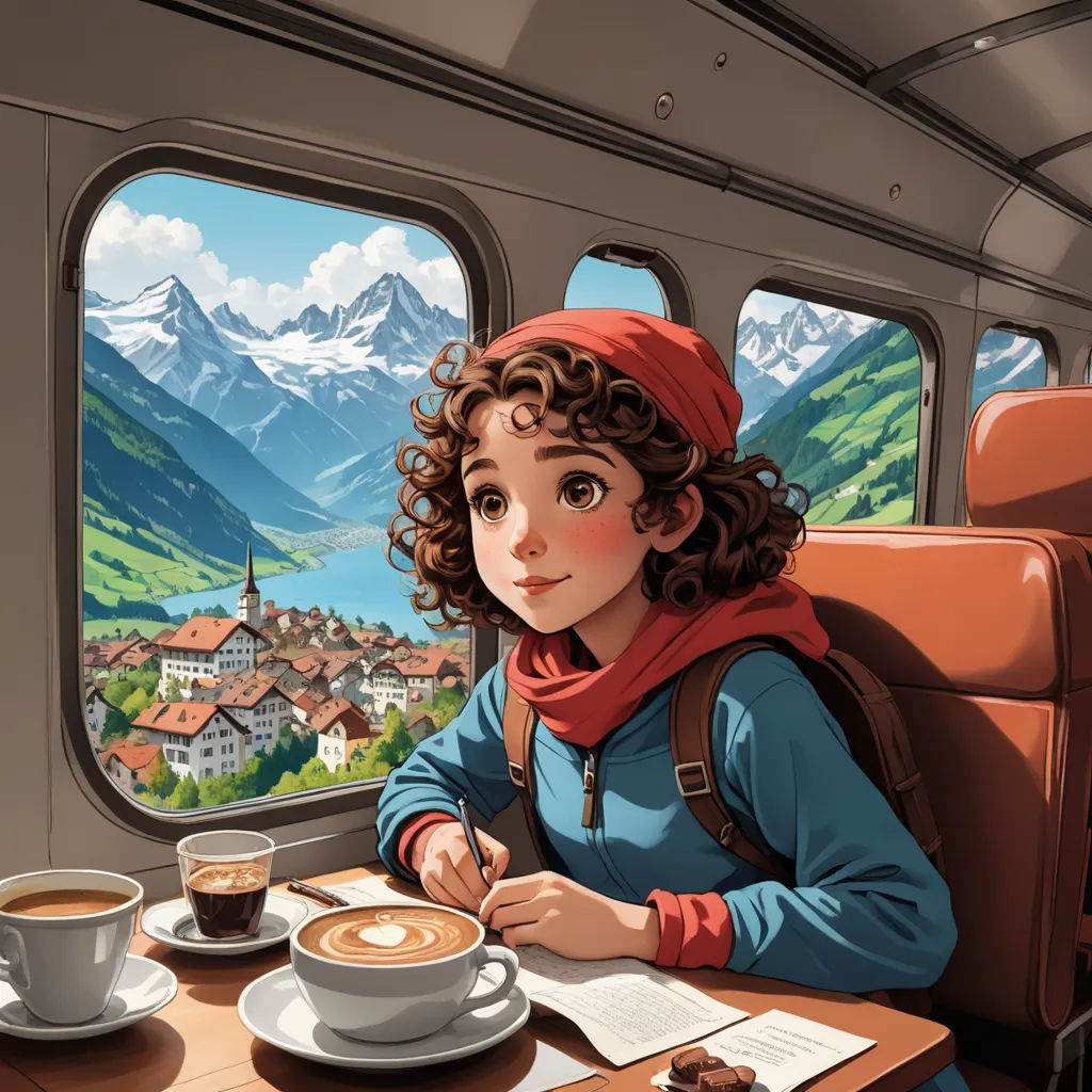 a woman sitting at a table with a cup of coffee and a book in front of her, looking out the window of a train, fantasy art, a storybook illustration, Cyril Rolando, trending on art station