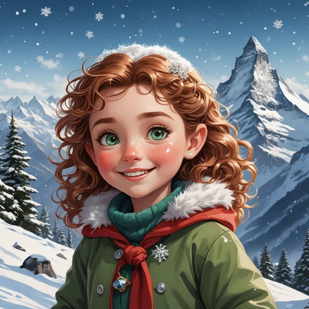 a painting of a girl in a green coat in the snow with mountains in the background and snowflakes on her head, sots art, a character portrait, Claire Falkenstein, trending on art station
