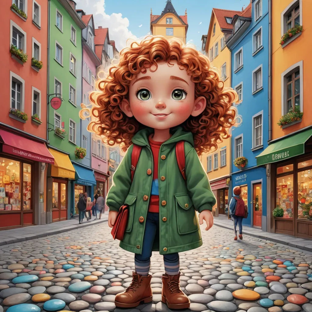a painting of a girl in a green coat standing on a cobblestone street in a european city, naive art, a storybook illustration, Caroline Lucy Scott, highly detailed digital painting