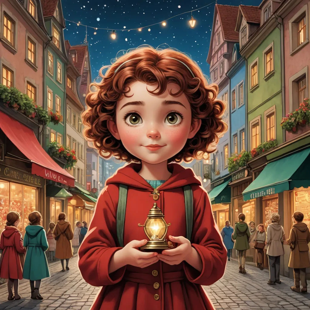 a little girl holding a lantern in a city street at night with people walking around her and a star in the sky, magical realism, a storybook illustration, Claire Falkenstein, kinkade