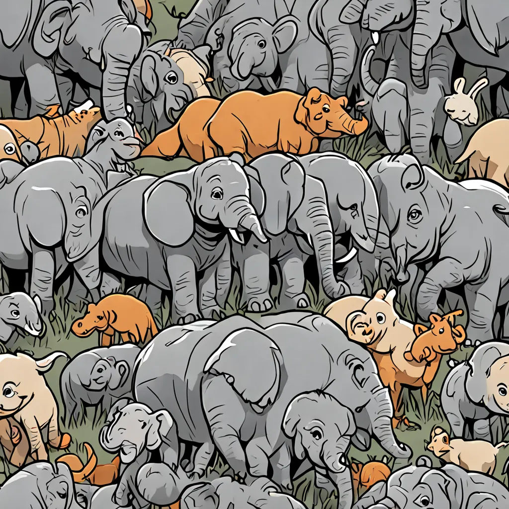 a herd of elephants standing on top of a grass covered field next to a forest filled with trees and bushes, furry art, a storybook illustration, Amédée Ozenfant, detailed illustration