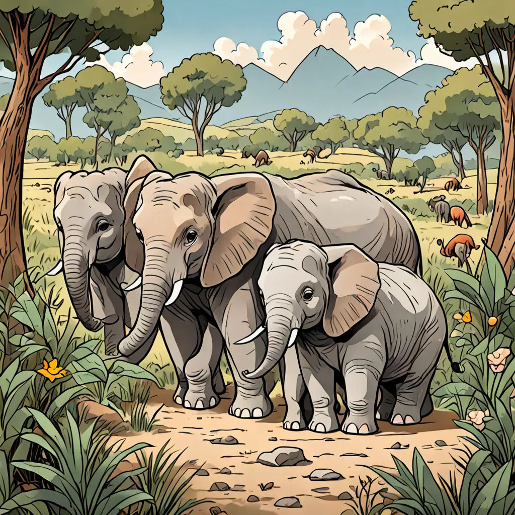 a group of elephants walking through a forest filled with trees and flowers, with mountains in the background and a sky with clouds, naturalism, a storybook illustration, Chris LaBrooy, storybook illustration