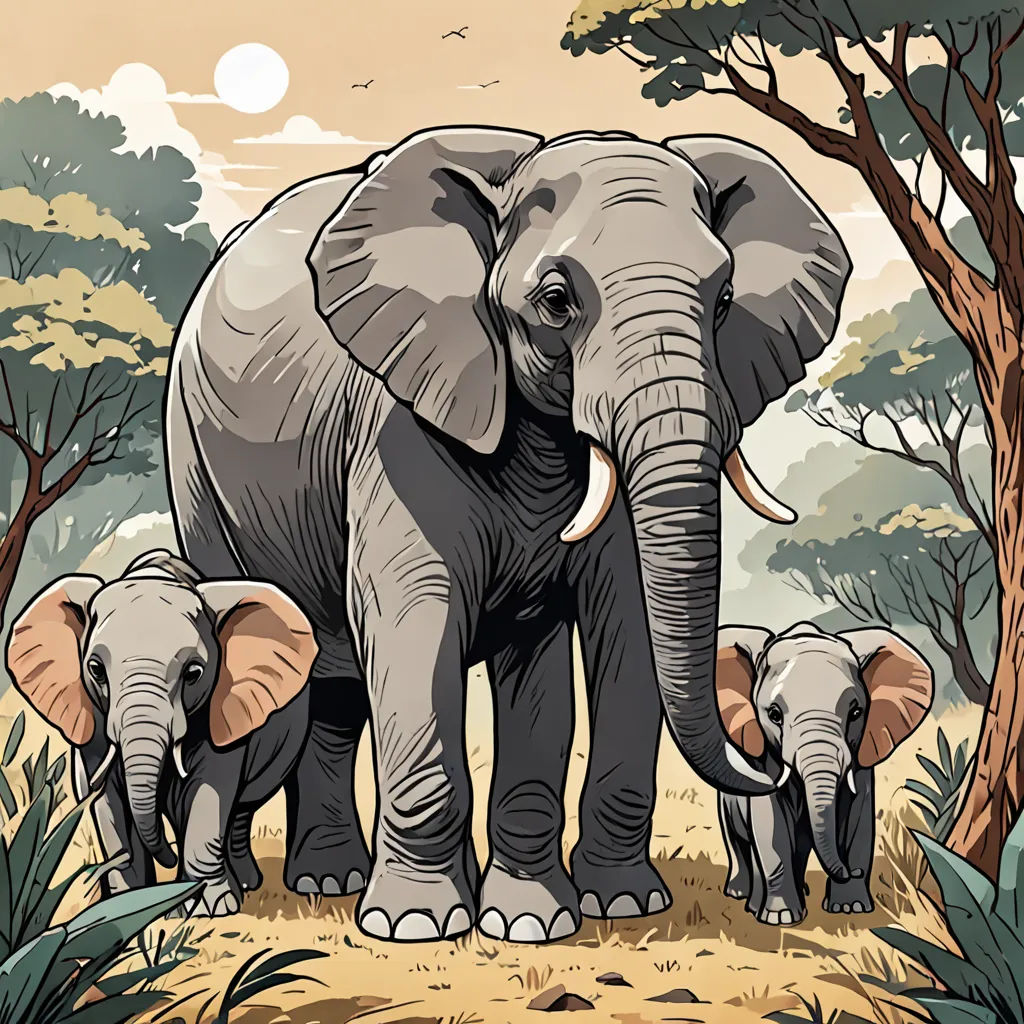 a group of elephants walking through a forest with trees and bushes in the background, with a full moon in the sky, sumatraism, a storybook illustration, Amédée Ozenfant, detailed illustration