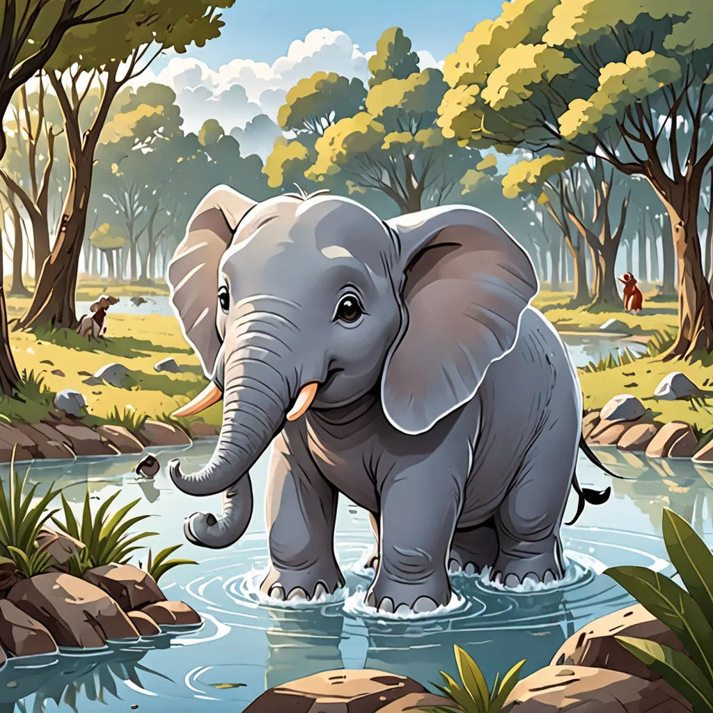 a painting of an elephant in a river with trees and rocks in the background and a man on a horse in the foreground, context art, a storybook illustration, Chris LaBrooy, storybook illustration
