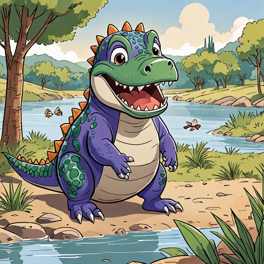 a cartoon dinosaur with a big smile on his face and mouth, standing in front of a river and trees, sots art, a storybook illustration, Chris LaBrooy, storybook illustration