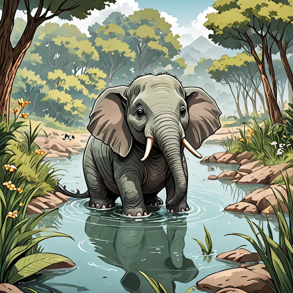 an elephant is standing in a river surrounded by trees and rocks and plants, with a reflection of its trunk in the water, environmental art, a storybook illustration, Chris LaBrooy, storybook illustration