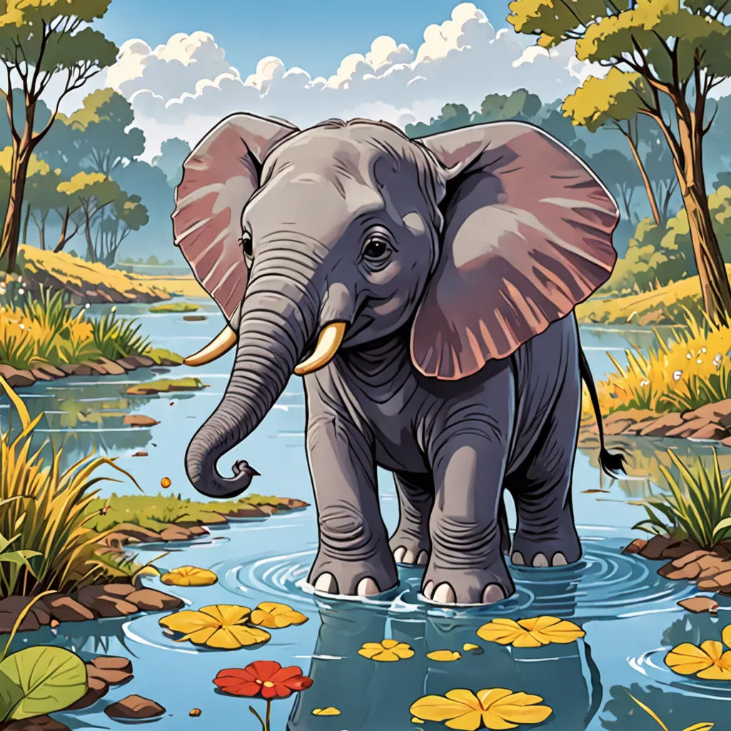 a cartoon elephant is standing in a river with lily pads and trees in the background, with a sky background, sumatraism, a storybook illustration, Chris LaBrooy, high detail illustration