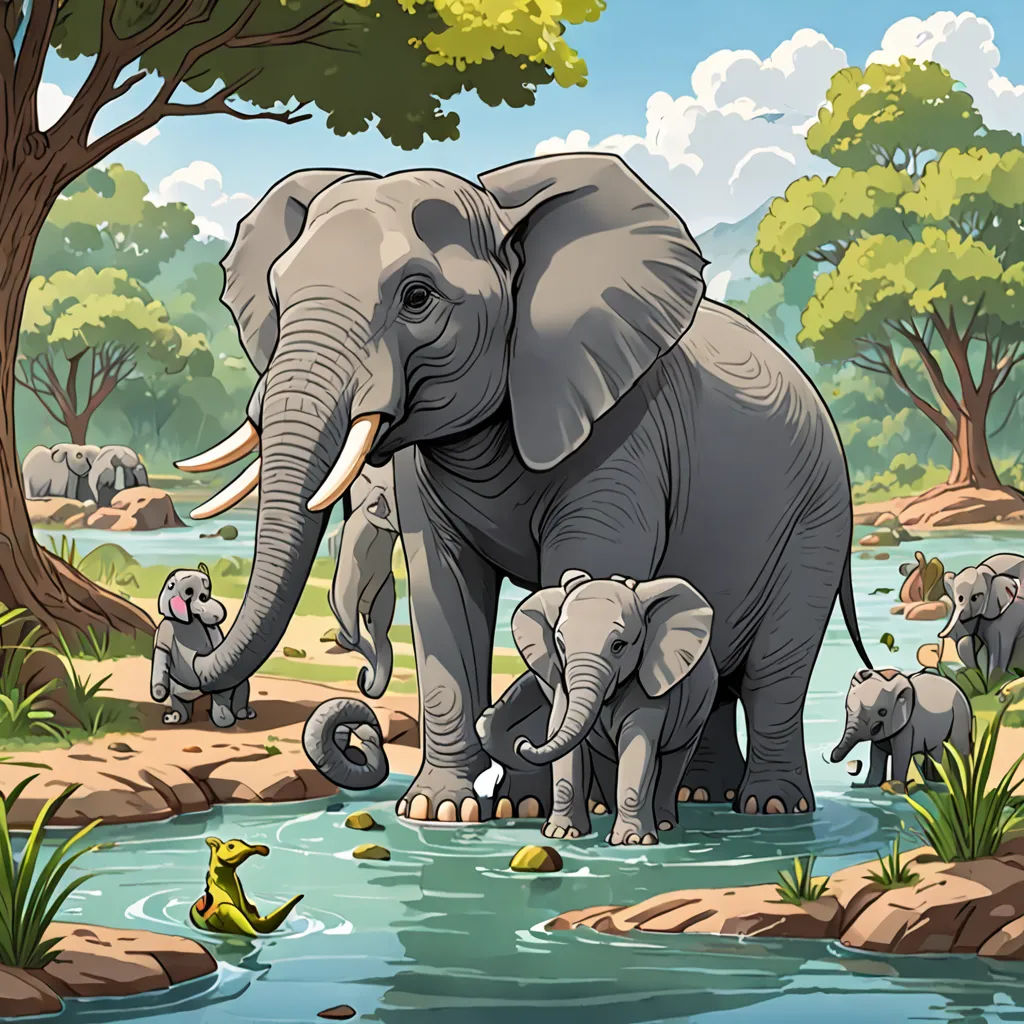 a group of elephants standing in a river next to a forest filled with trees and rocks and a duck, naturalism, a storybook illustration, Chris LaBrooy, storybook illustration