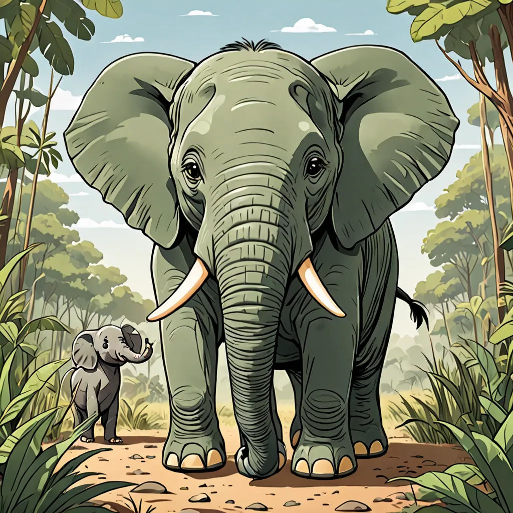 a large elephant standing next to a baby elephant in a forest with trees and bushes behind it, with a sky background, sumatraism, a storybook illustration, Amédée Ozenfant, high detail illustration