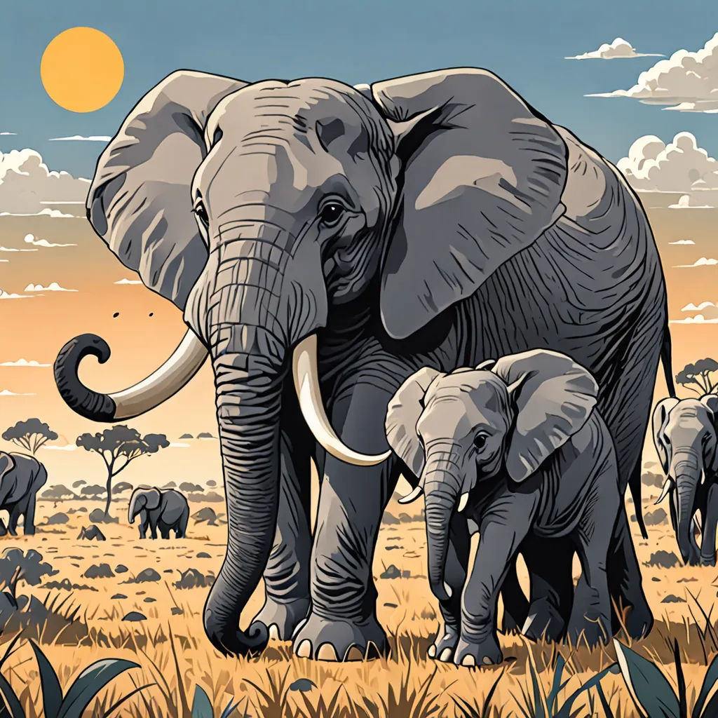 a group of elephants walking across a field of grass and trees with a sun in the background and clouds, sumatraism, a storybook illustration, Amédée Ozenfant, detailed illustration
