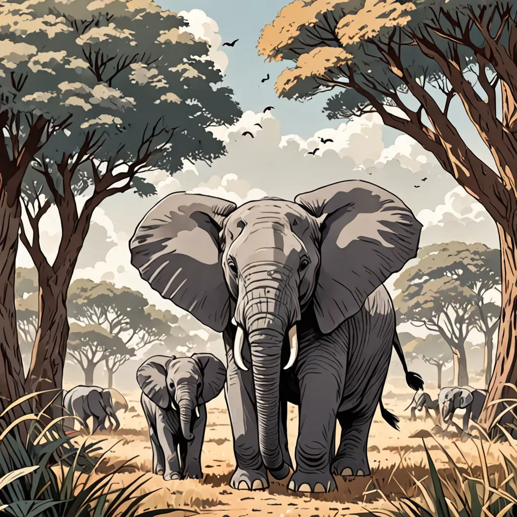 a painting of an elephant and her baby in the wild with trees and clouds in the background, with a blue sky and clouds, naturalism, a storybook illustration, Chris LaBrooy, laurie greasley