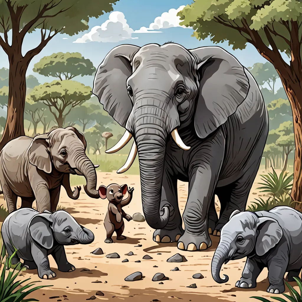a group of elephants walking through a forest filled with trees and rocks, with a baby elephant standing between them, sumatraism, a storybook illustration, Amédée Ozenfant, storybook illustration