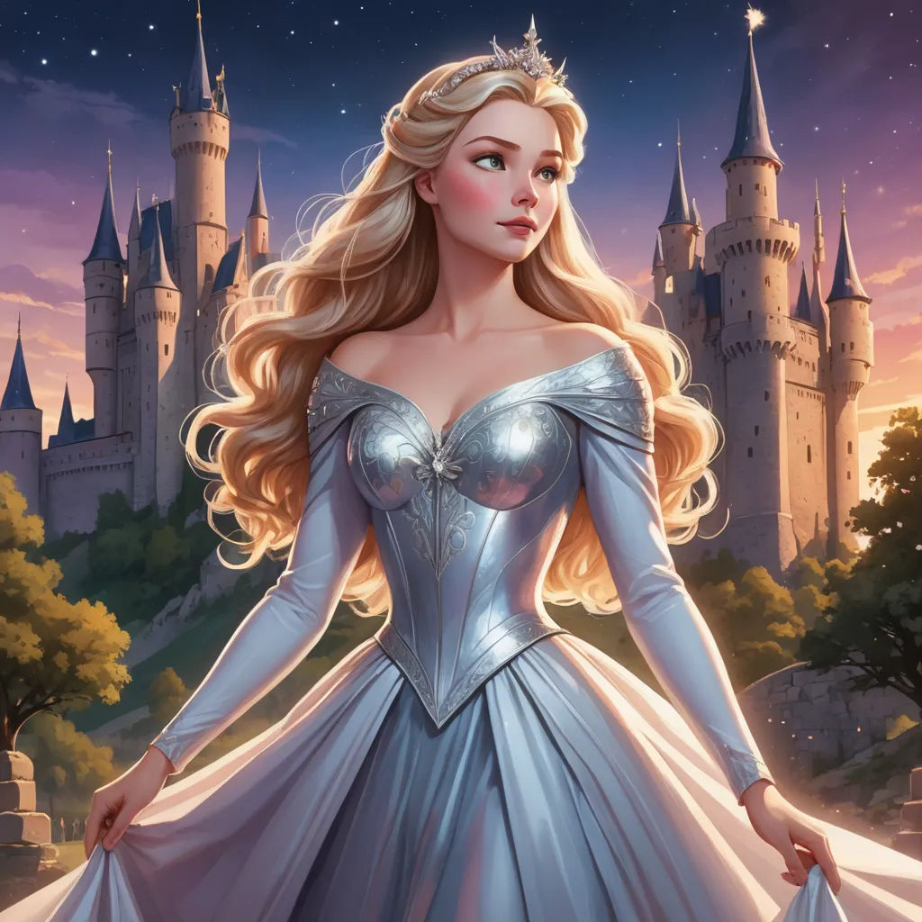 a beautiful blonde haired woman in a blue dress standing in front of a castle at night with a glowing star, fantasy art, a storybook illustration, Charlie Bowater, rossdraws global illumination
