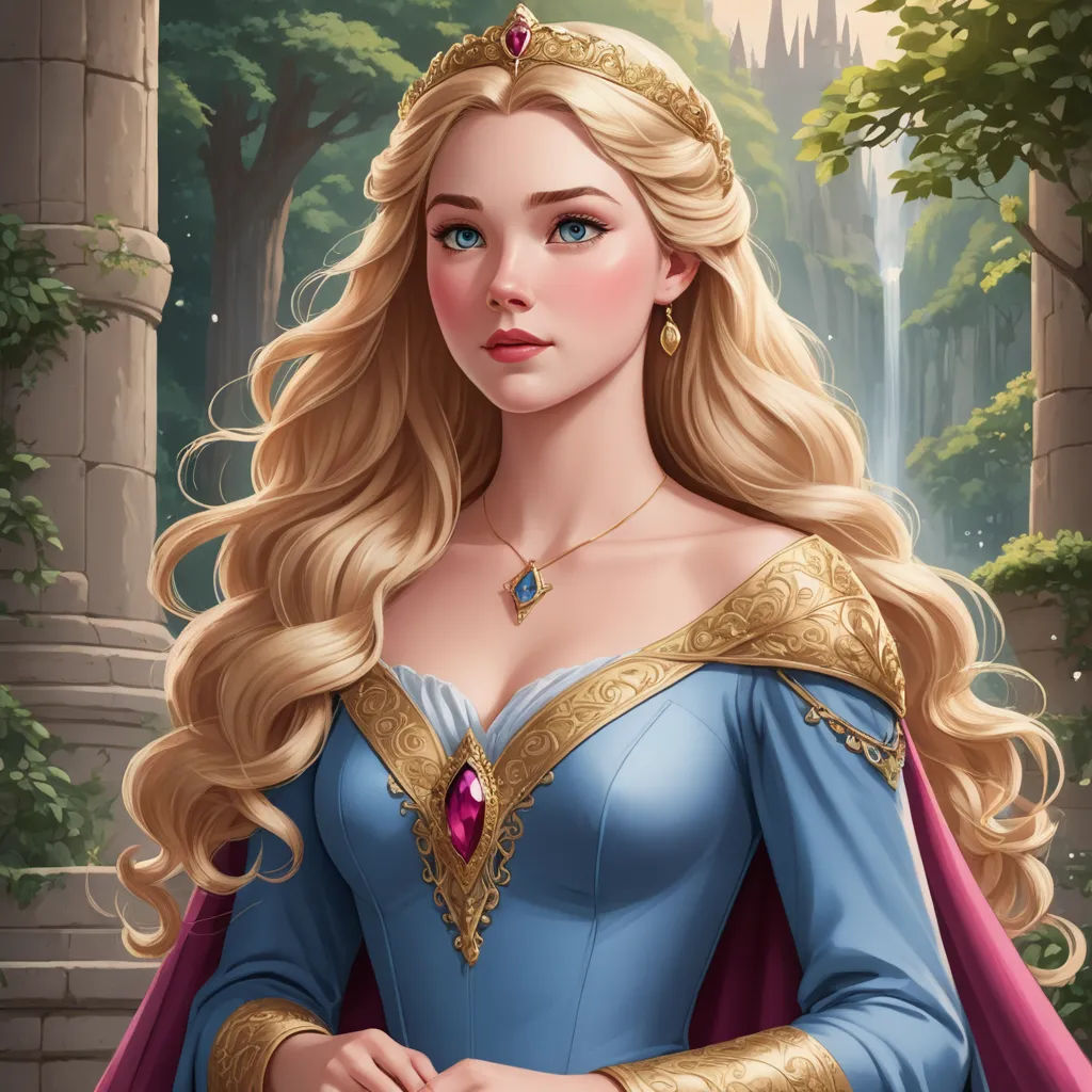a beautiful blonde haired woman in a blue dress and gold crown with a red jewel in her hand and a castle in the background, fantasy art, a detailed painting, Edwin Georgi, epic fantasy character art