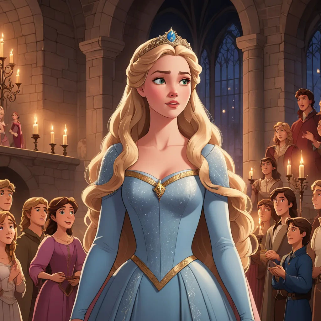 a cartoon of a woman in a blue dress surrounded by people in a castle with candles in the background, sots art, a storybook illustration, disney, rossdraws global illumination