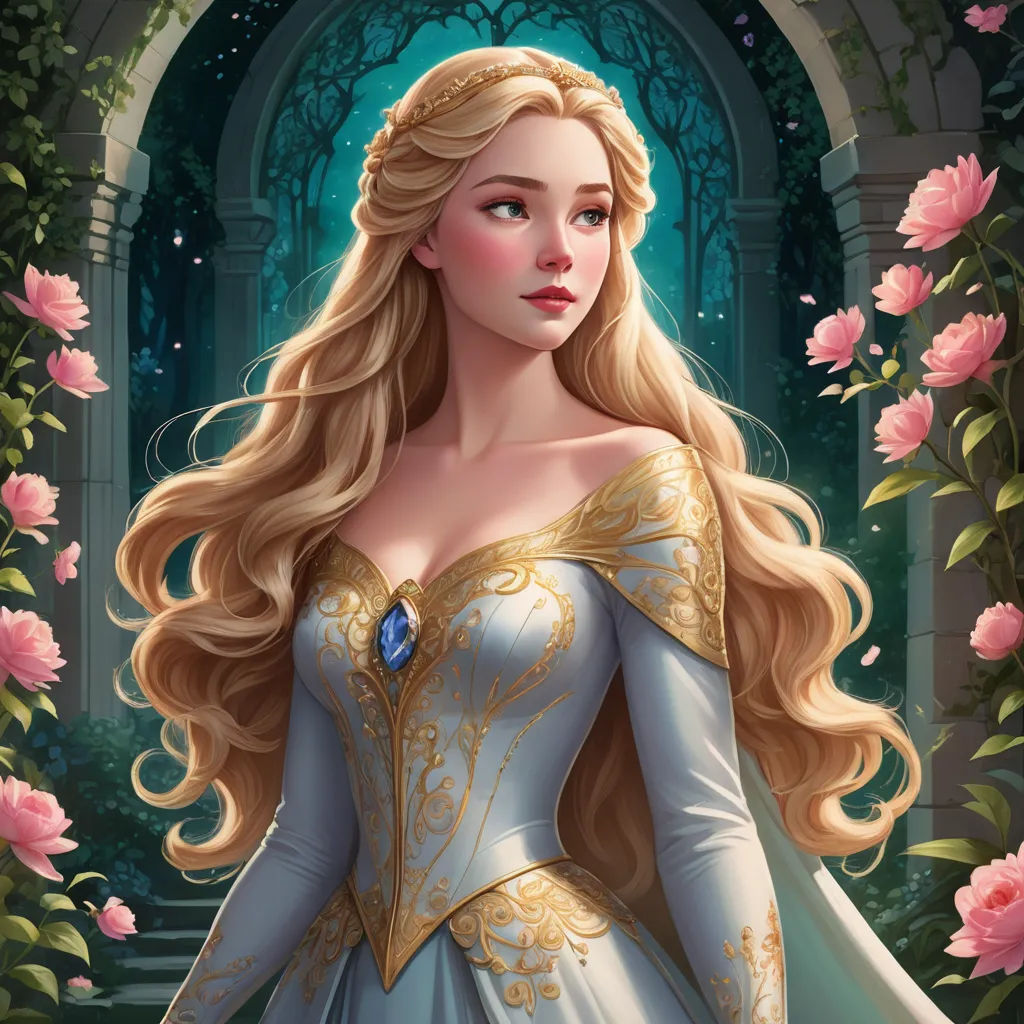 a beautiful blonde haired woman in a blue dress with a tiara and a rose in her hand, standing in front of a doorway, fantasy art, a detailed painting, Charlie Bowater, rossdraws global illumination