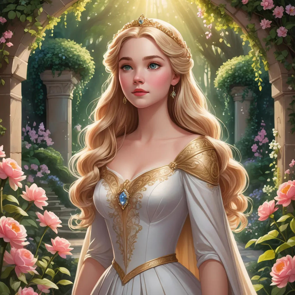 a beautiful blonde haired woman in a white dress with a golden crown and a blue necklace in a garden, fantasy art, a detailed painting, Charlie Bowater, rossdraws global illumination