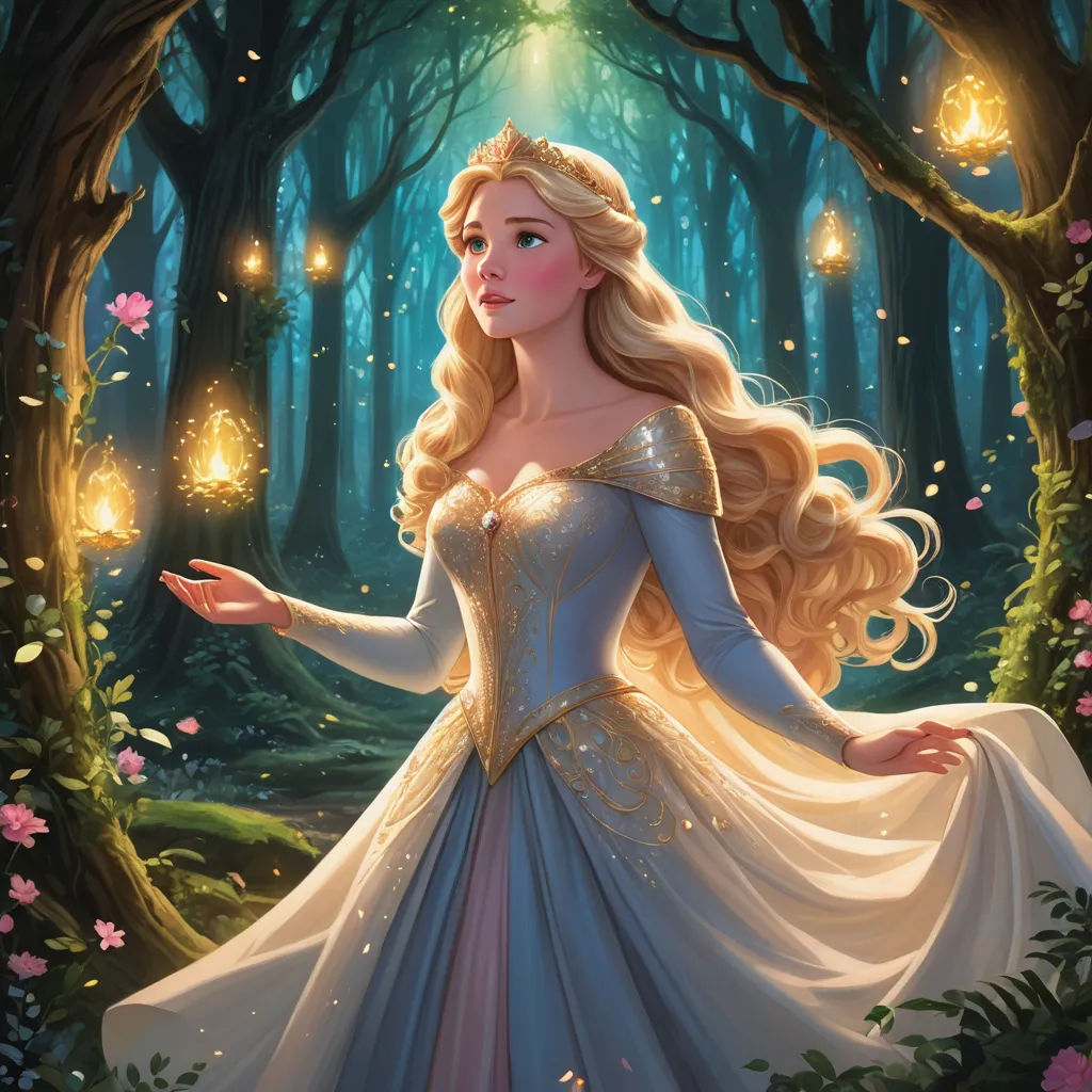 a beautiful blonde haired woman in a blue dress in a forest with lanterns in her hand and a glowing light shining from her hand, fantasy art, a storybook illustration, Anna Dittmann, rossdraws global illumination