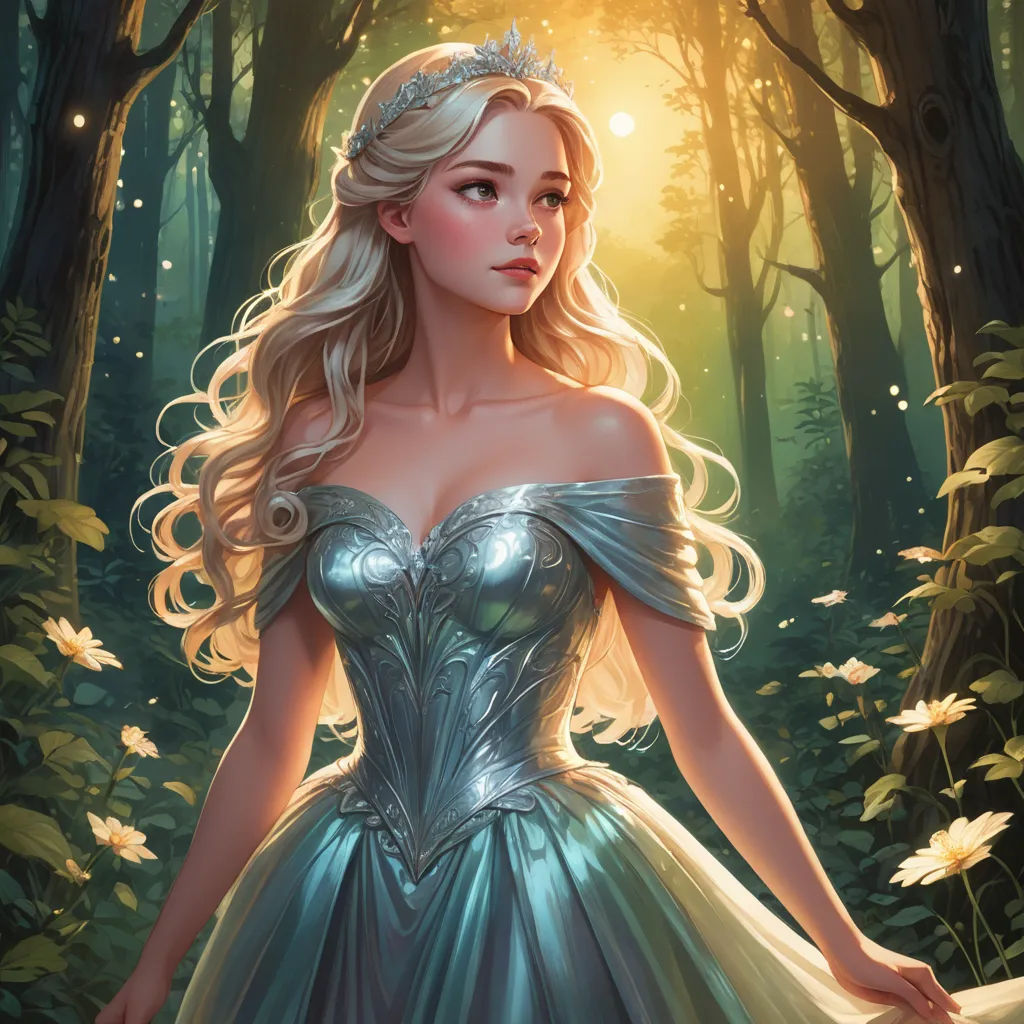 a beautiful blonde haired woman in a blue dress in the woods with flowers on her head and a glowing light behind her, fantasy art, a storybook illustration, Charlie Bowater, rossdraws global illumination