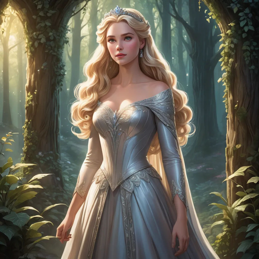 a woman in a dress standing in a forest with trees and bushes behind her, wearing a tiara, fantasy art, a detailed painting, Charlie Bowater, rossdraws global illumination