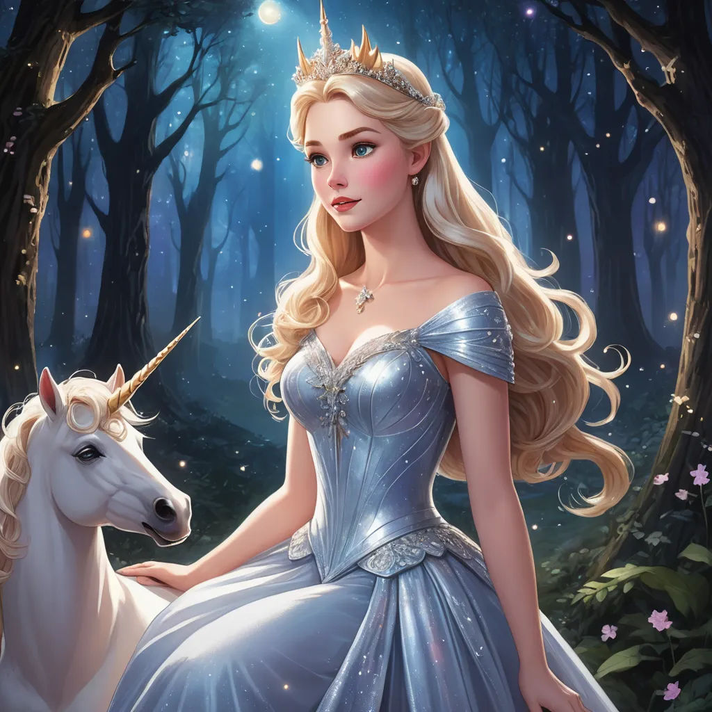 a beautiful blonde haired woman in a blue dress sitting on a unicorn's back in a forest with a glowing light shining on her, fantasy art, a storybook illustration, Artgerm, rossdraws global illumination