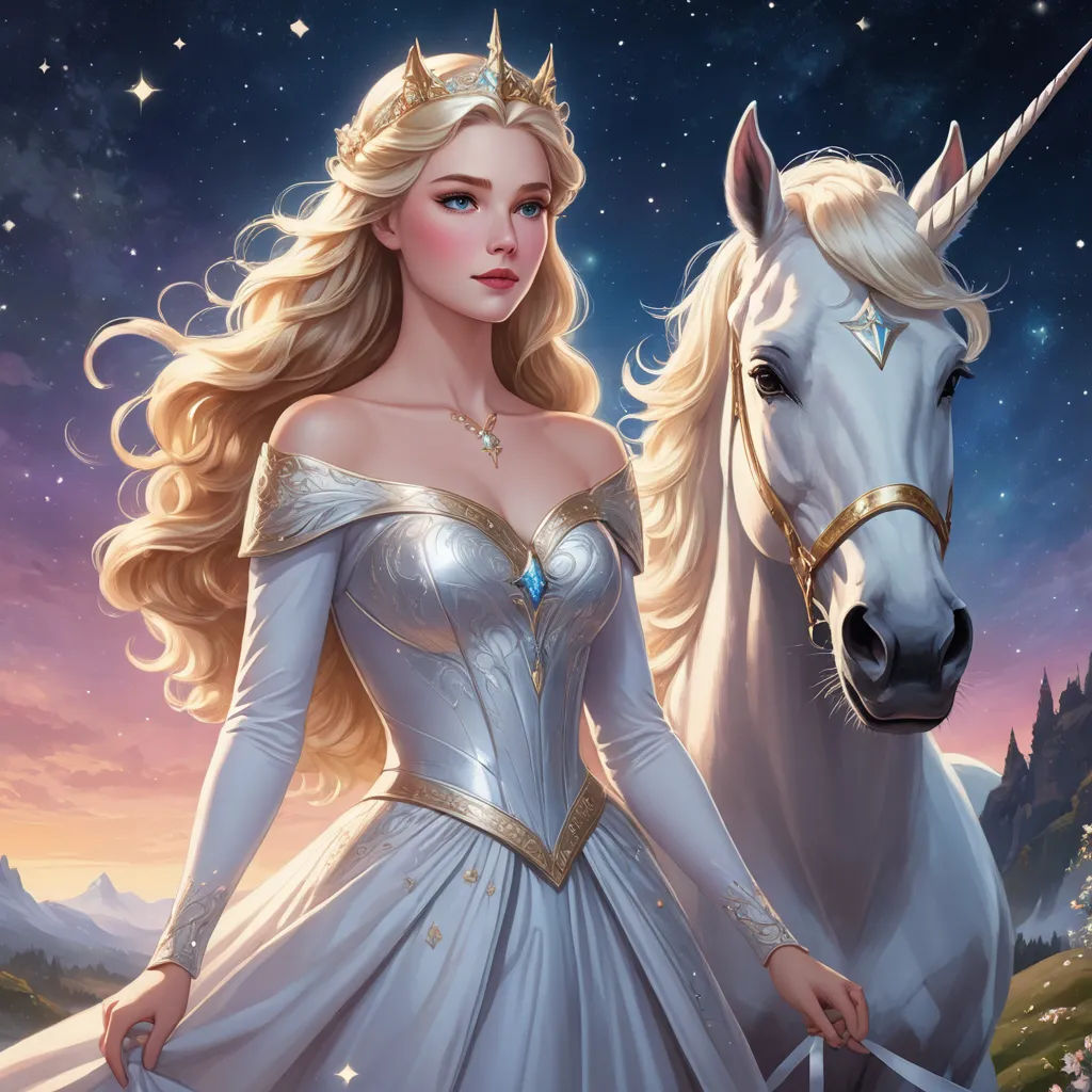 a beautiful blonde haired woman in a white dress next to a white unicorn in a field of flowers at night, fantasy art, a storybook illustration, Anne Stokes, rossdraws global illumination
