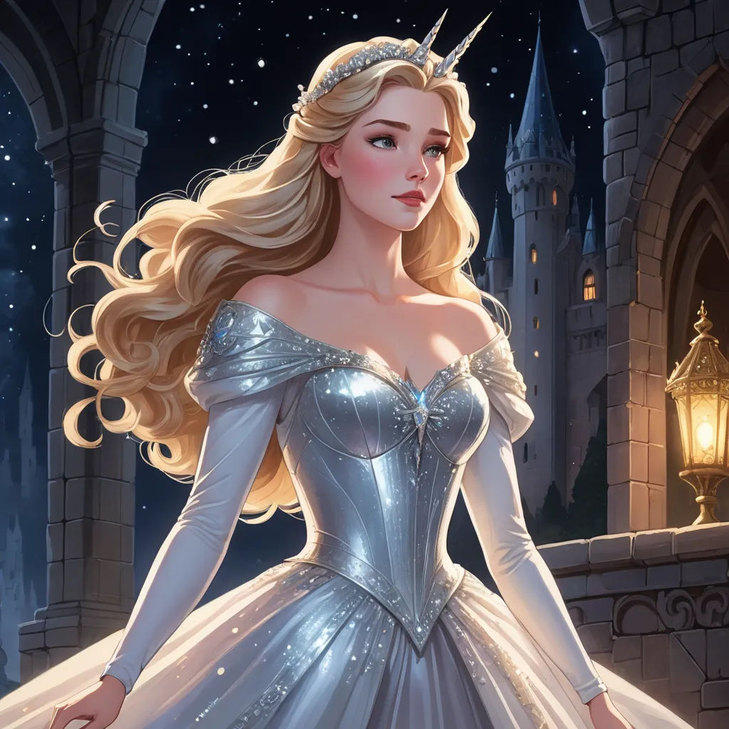 a beautiful blonde haired woman in a blue dress standing in front of a castle at night with a light shining on her, fantasy art, a storybook illustration, Charlie Bowater, rossdraws global illumination